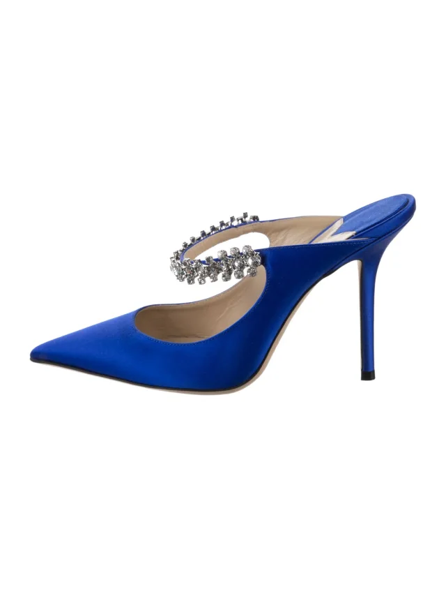Jimmy Choo Satin Crystal Embellishments Mules in blue Satin from The RealReal