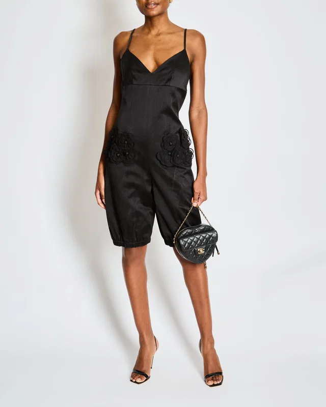 Chanel Fall 2023 Black Strappy Playsuit with 3D Camellia Flower Pocket Detail Size FR 36 (UK 8) in Black Silk from Sellier