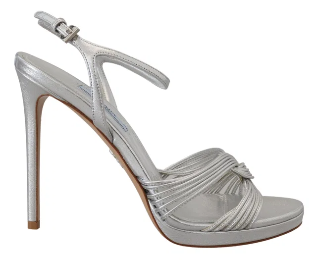 Prada Silver Leather Sandals Ankle Strap Heels Stiletto in Silver Leather from HEWI