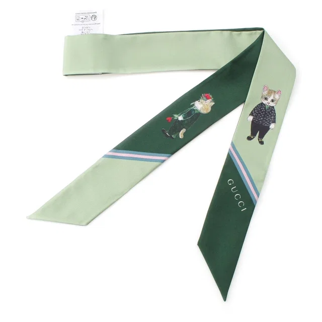 Gucci Yuko Higuchi Silk Neck Bow Scarf Logo Cat Green in Green Silk from The Reluxe