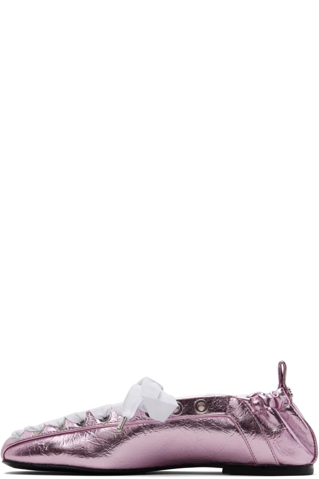 GANNI Pink Lace-Up Ballerina Flats, photo 3 of 5 from SSENSE