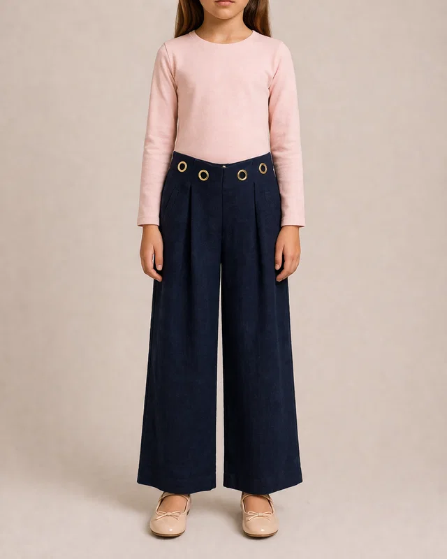 Chloé Kids Navy Linen Trousers with Gold Buckle Details and Back Logo Size 10 years in Navy from Sellier
