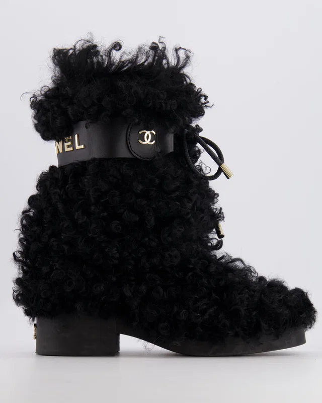 Chanel Black Curly Shearling Calf-High Lace Boots in Black from Sellier