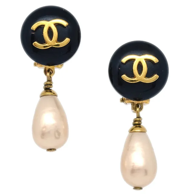 Chanel Artificial Pearl Dangle Earrings Black 95A in Black Resin from AMORE Vintage Tokyo