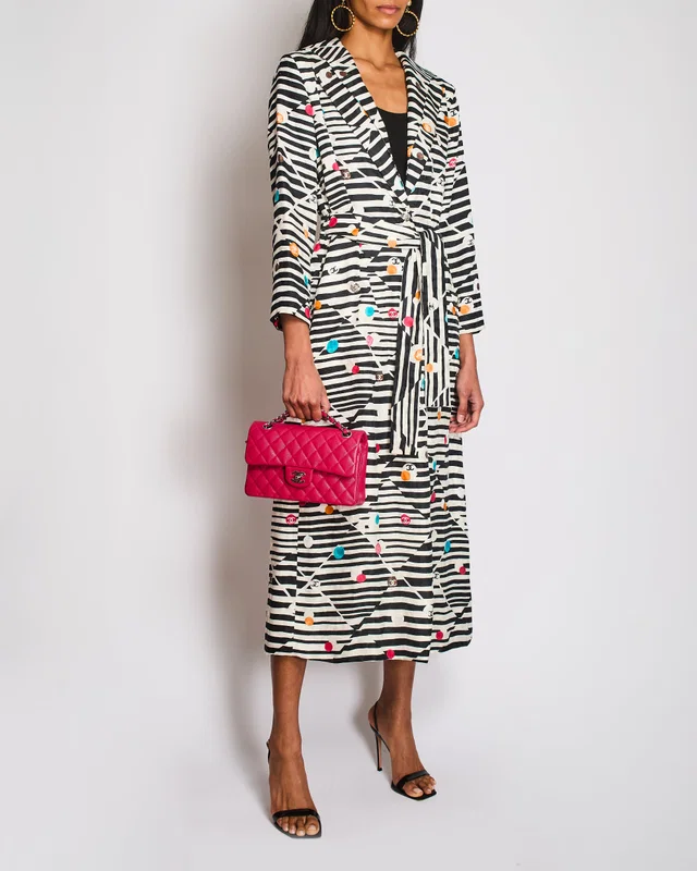 Chanel 24/SS Black And Cream Striped Silk Coat With Multicolour CC Round Logo and CC Button Details… in Black Silk from Sellier