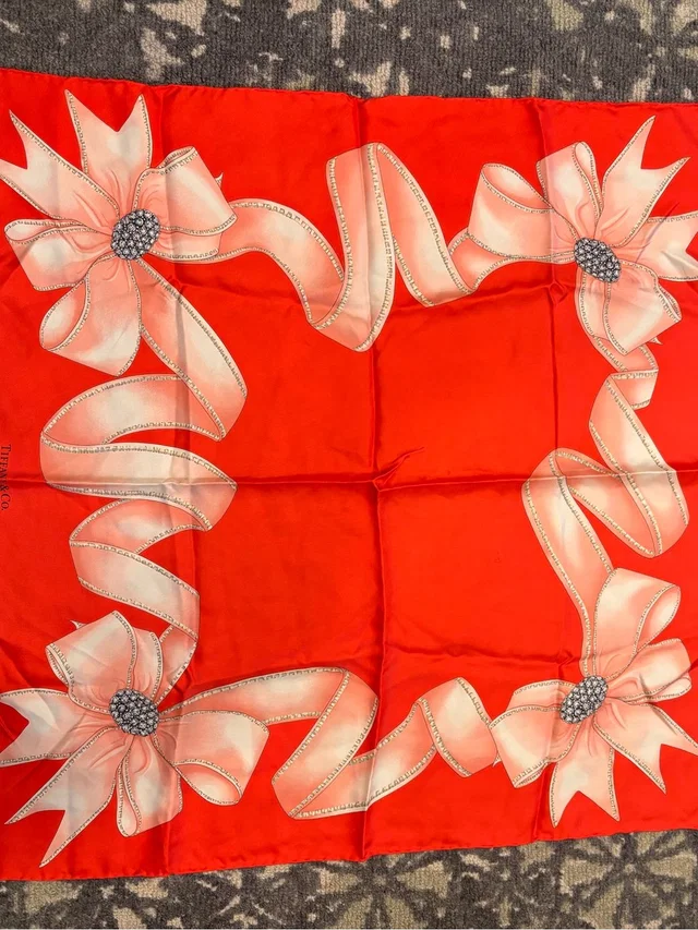 Tiffany & Co. Silk Square Scarf Featuring An Elegant Pink Ribbon And Bow Motif in red|pink Silk from Poshmark
