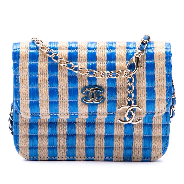 Blue Chanel CC Raffia and Jute Striped Belt Bag in Blue Raffia from Designer Revival
