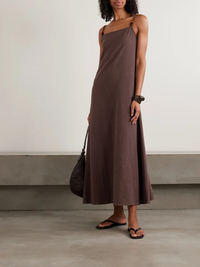 STAUD Laura bead-embellished cotton-gauze maxi dress in Brown, photo 2 of 2 from NET-A-PORTER (Canada)