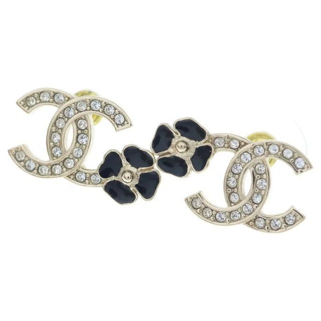 Chanel CC Logo Rhinestone Earrings Black Gold in Black from The Reluxe