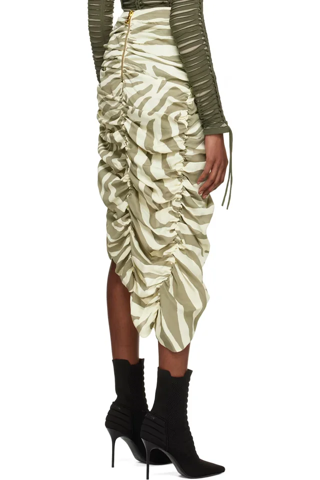 BALMAIN Beige & Khaki Zebra Print Midi Skirt, photo 3 of 4 from SSENSE