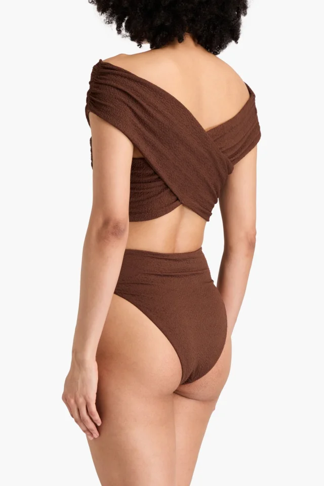 Mara Hoffman Imina High-Rise Stretch-Matelassé Bikini Bottoms in Chocolate, photo 3 of 4 from THE OUTNET