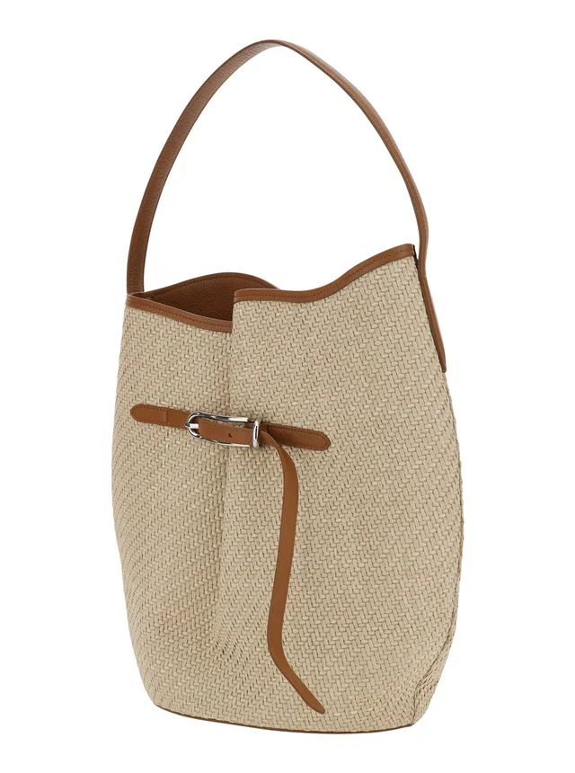 LIFFNER 'Belted Bucket Bag Raffia Large' Beige Shoulder Bag with Raffia Handle and Belt Detail in Viscose and Cotton Women in Beige 75% Viscose 25% Cotton, photo 4 of 10 from Gaudenzi Boutique