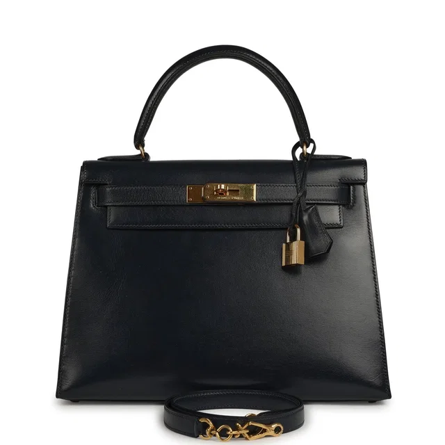 Hermès Vintage Kelly Sellier 28 Bleu Navy Box Gold Hardware in Navy Calfskin from Madison Avenue Couture