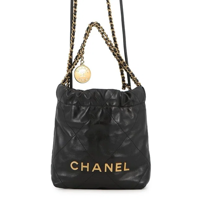 Chanel Handbag 22 Mini CC Logo Shiny Calf Leather 2-Way Black in Black Calfskin from The Reluxe