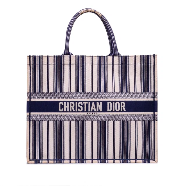 Blue Dior Large Canvas Striped Book Tote in Blue Canvas from Designer Revival