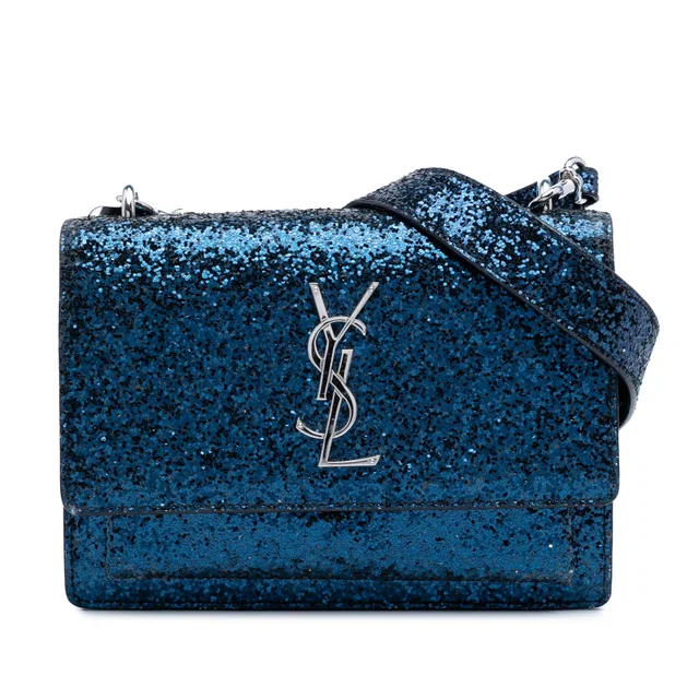 Blue Saint Laurent Small Glitter Leather Monogram Sunset Crossbody in Blue Leather from Designer Revival