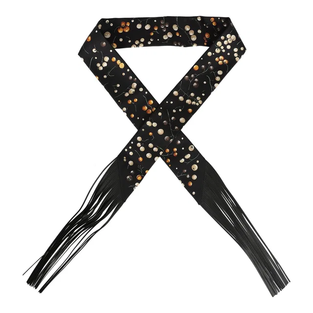 Hermès "Red Berries" Black, Beige Dore, Orange Fringe Silk Twilly in Black Silk from Madison Avenue Couture