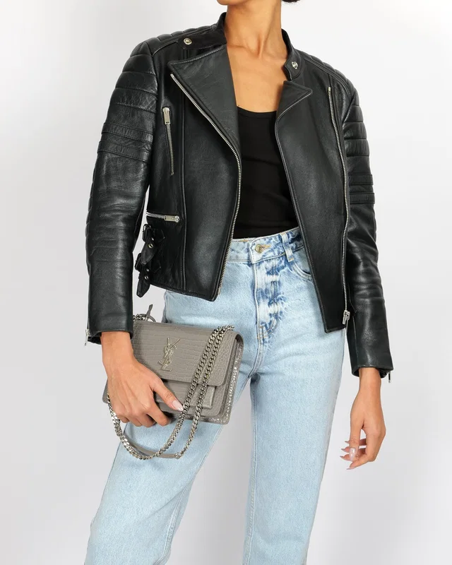 Celine Black Sheepskin Leather Jacket with Silver Zipper and Buckles Details Size FR 40 (UK 12) in Black Leather from Sellier