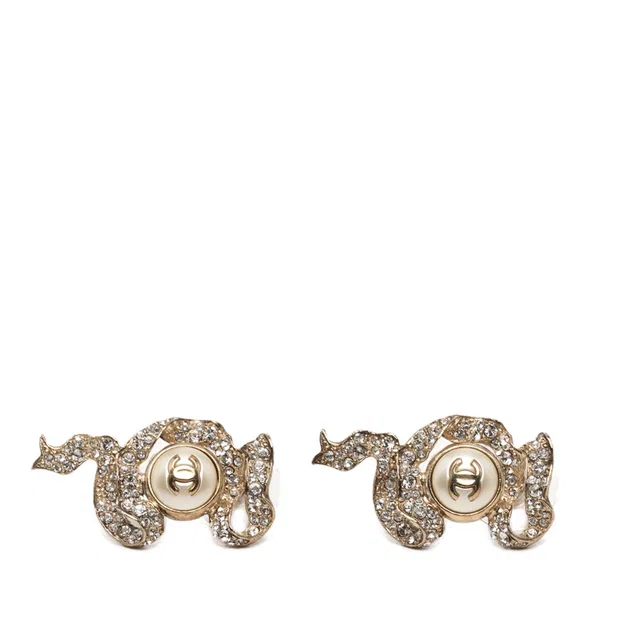 Gold Chanel CC Gold Plated Strass and Faux Pearl Ribbon Bullet Back Earrings in Gold from Designer Revival