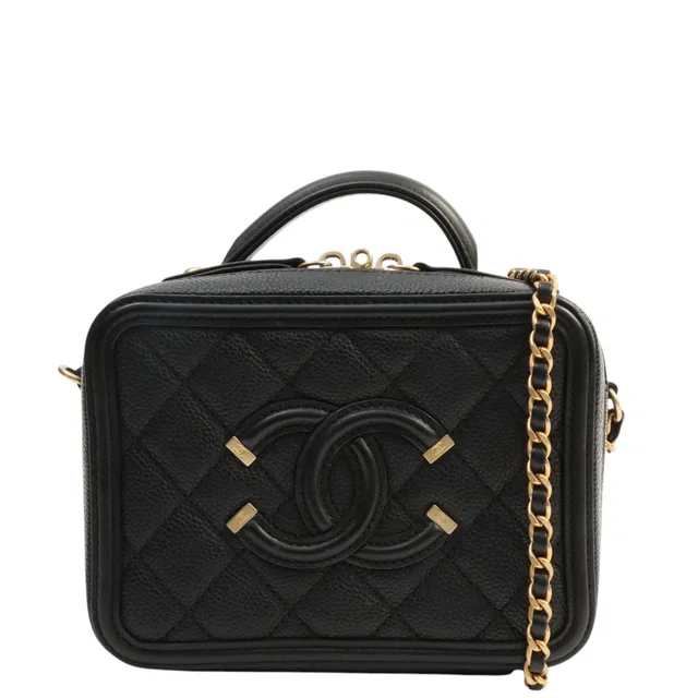 Chanel Black caviar leather CC Filigree 2-way vanity bag, made around 2018 in Black Caviar leather from VINTAGE QOO TOKYO