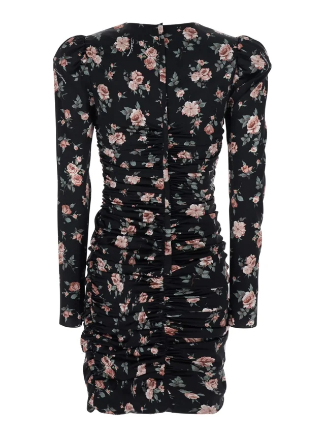 DOLCE E GABBANA Black Dress with Floral Print and Side Draping in Silk for Women in Black 9% Elastane 91% Silk, photo 3 of 5 from Gaudenzi Boutique