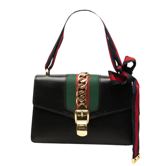 Black Gucci Small Calfskin Web Sylvie Satchel in Black Calfskin from Designer Revival, photo 1 of 1