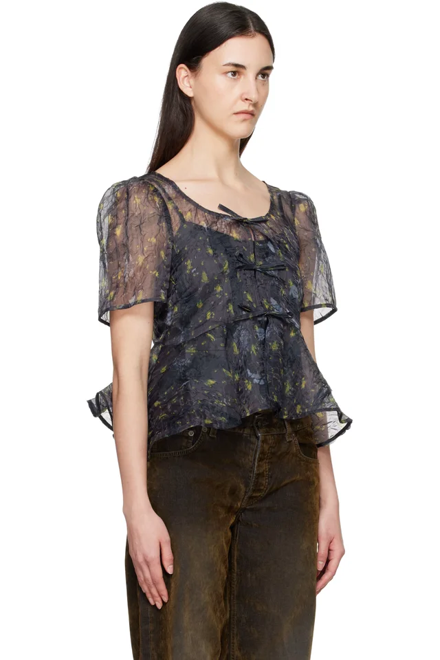 GANNI Gray Shibori Organza Peplum Blouse, photo 2 of 4 from SSENSE