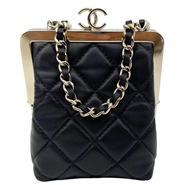 Chanel Kisslock Logo Lambskin Quilted Leather Chain Clutch Shoulder Bag Black in Black Lambskin from Dallas Designer Handbags