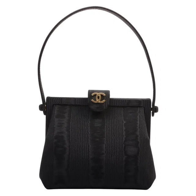 Chanel Circa 1998 CC Logo Plate Handbag Black in Black Satin from VINTAGE QOO TOKYO