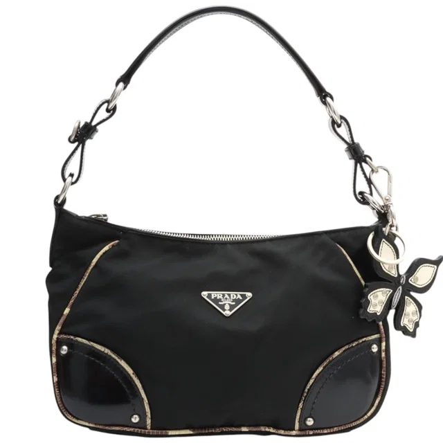 Prada Nylon Logo Plate Butterfly Charm Handbag Black in Black Nylon from VINTAGE QOO TOKYO