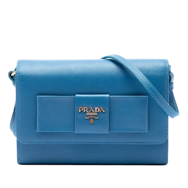 Blue Prada Saffiano Lux Bow Wallet On Strap Crossbody Bag in Blue Saffiano leather from Designer Revival