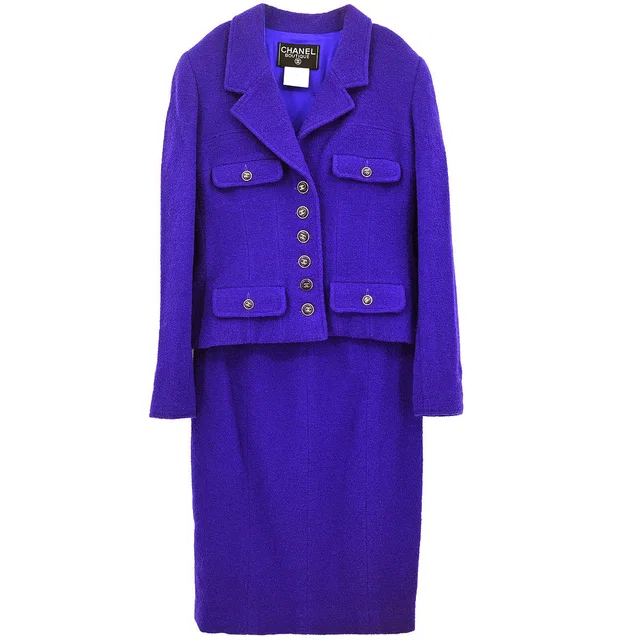 Chanel 1995 Setup Suit Jacket Skirt Purple #38 in Purple Nylon from AMORE Vintage Tokyo