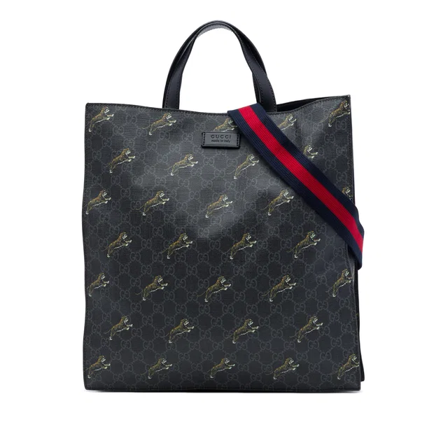 Black Gucci GG Supreme Web Tiger Convertible Soft Tote Satchel in Black Coated canvas from Designer Revival