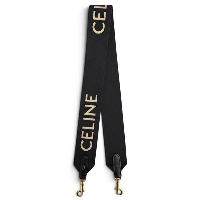 Celine Canvas Leather Jacquard Logo Shoulder Strap Black Beige Gold in Black Canvas from The Reluxe