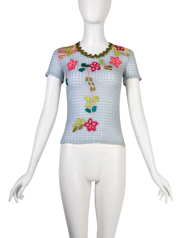Christian Lacroix Vintage SS 2000 Baby Blue Multicolor Floral Embellished Knit Crochet Tee Sweater in Blue Woven leather from Amarcord Vintage Fashion