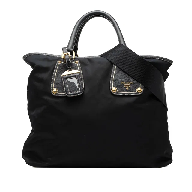 Black Prada Saffiano Trimmed Tessuto Satchel in Black Saffiano leather from Designer Revival
