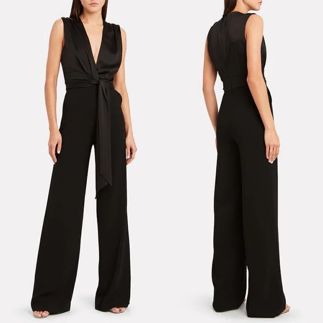 SIMKHAI Cady V-Neck Satin Combo Wide Leg Jumpsuit Black Size 0 in black Satin from Poshmark