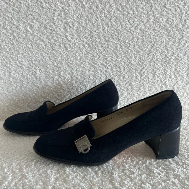 Ferragamo Women’s Heeled Black Suede Loafers Gancini Buckle Size 8 in silver|black|gray Suede from Poshmark