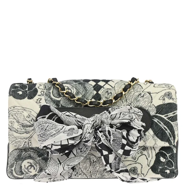 Chanel 2018-2019 Black White Silk Corduroy Chevron Shoulder Bag in Black Silk from AMORE Vintage Tokyo