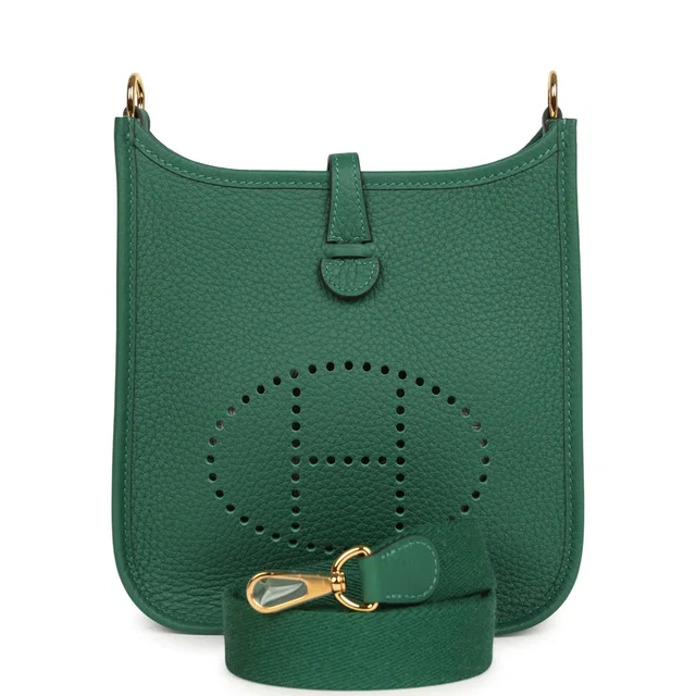 Hermès Evelyne TPM Vert Moyen Clemence Gold Hardware in Green Clemence leather from Madison Avenue Couture