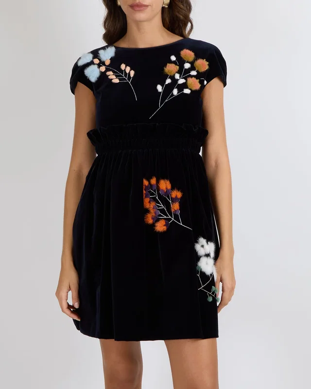 Fendi Navy Velvet Short-Sleeve Mini Dress with Floral Mink Fur Details Size IT 36 (UK 4) in Navy Velvet from Sellier