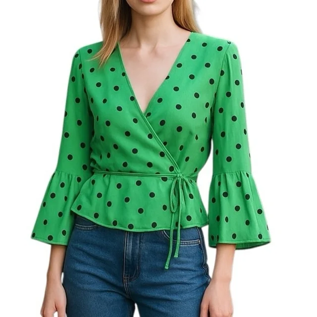 GANNI Dainty Georgette Green Polka Dot Bell Sleeve Wrap Top Women’s Eu 36 in green|blue from Poshmark