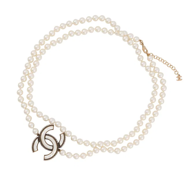 Chanel CC Logo Long Necklace Faux Pearl Gold Plated in Gold from GALLERY RARE