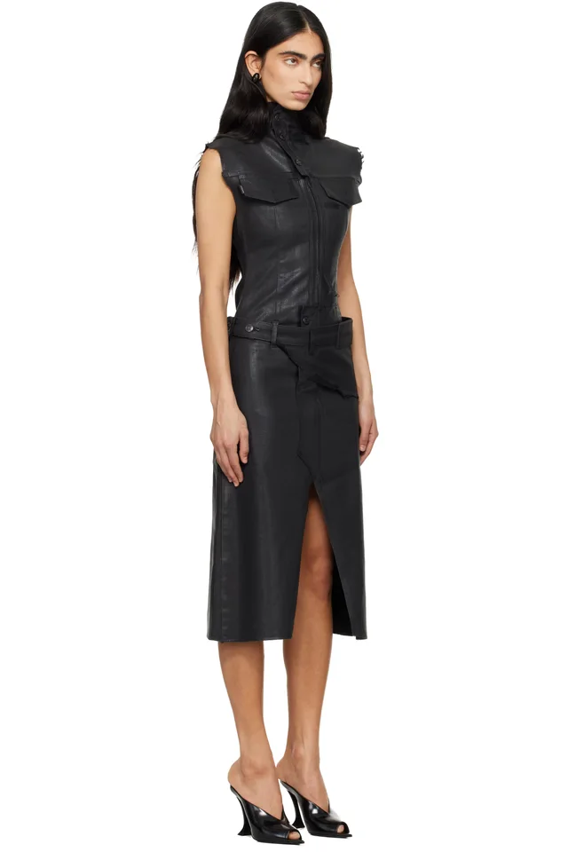 Ottolinger Black Glazed Denim Belted Midi Dress, photo 2 of 4 from SSENSE