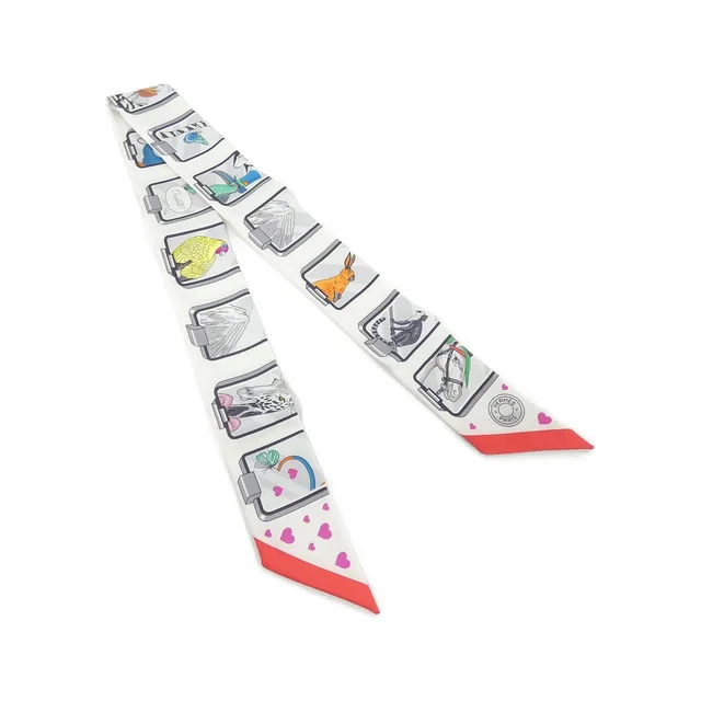 HERMES STORY Twilly 063875S Scarf in WHITE+GRIS+ROUGE silk from KOMEHYO