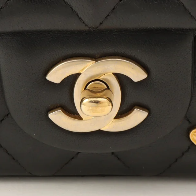 Chanel Around 2018 Made Studded Icon Lucky Charm Classic Flap Chain Bag Black in Black Lambskin from VINTAGE QOO TOKYO, photo 7 of 13