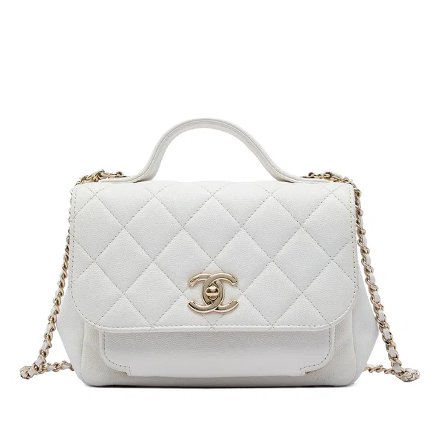 White Chanel Small Quilted Caviar Business Affinity Top Handle Flap Satchel in White Caviar leather from Designer Revival