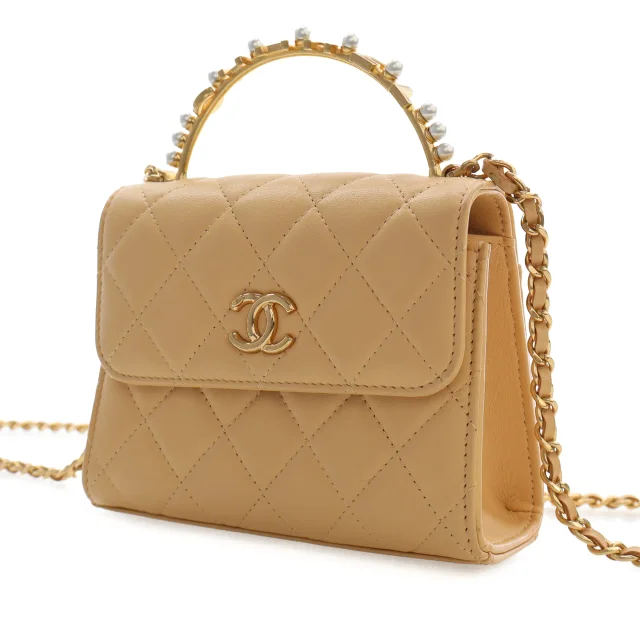 Beige Chanel CC Quilted Lambskin Faux Pearl Top Handle Flap Satchel in Beige Lambskin from Designer Revival, photo 8 of 14
