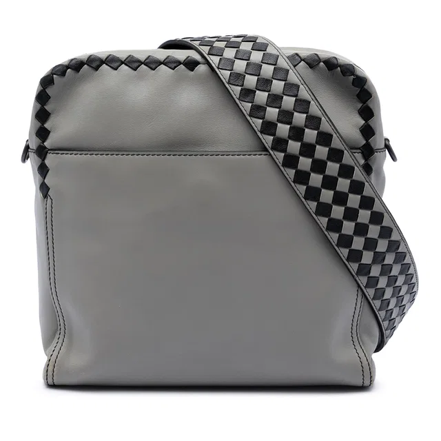 Grey Bottega Veneta Intrecciato Trimmed Nappa Crossbody in Grey Nappa leather from Designer Revival