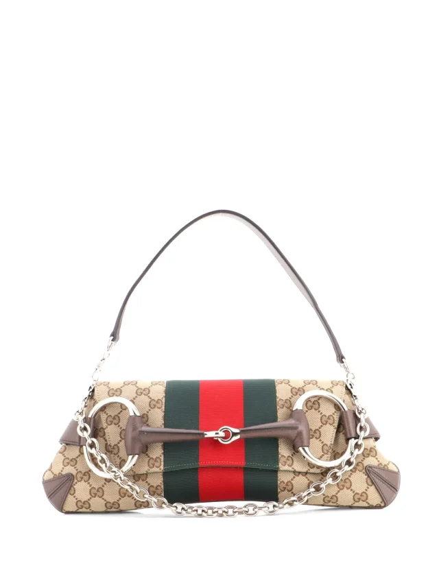 Gucci Pre-Owned Horsebit NM Web Chain Clutch GG Canvas Medium Shoulder Bag | Brown | FARFETCH in Brown Canvas from Farfetch